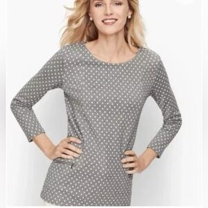 Talbots Metallic Dot Knit Top | Women’s Large Petite | Gray with White Polka Dot